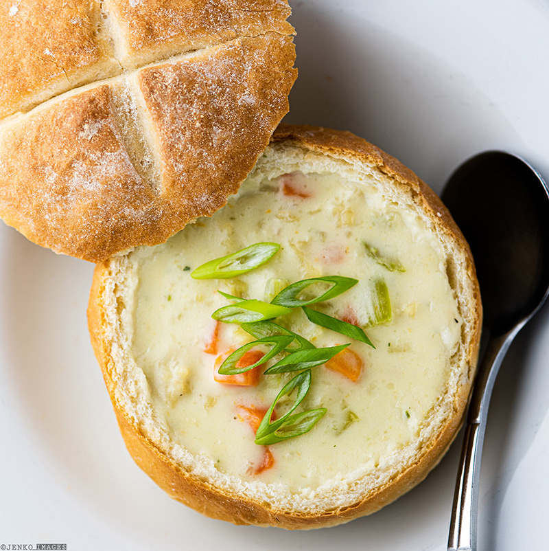 AVAILABLE THIS WEEK ONLY - Creamy conch chowder in a homemade bread bowl!
